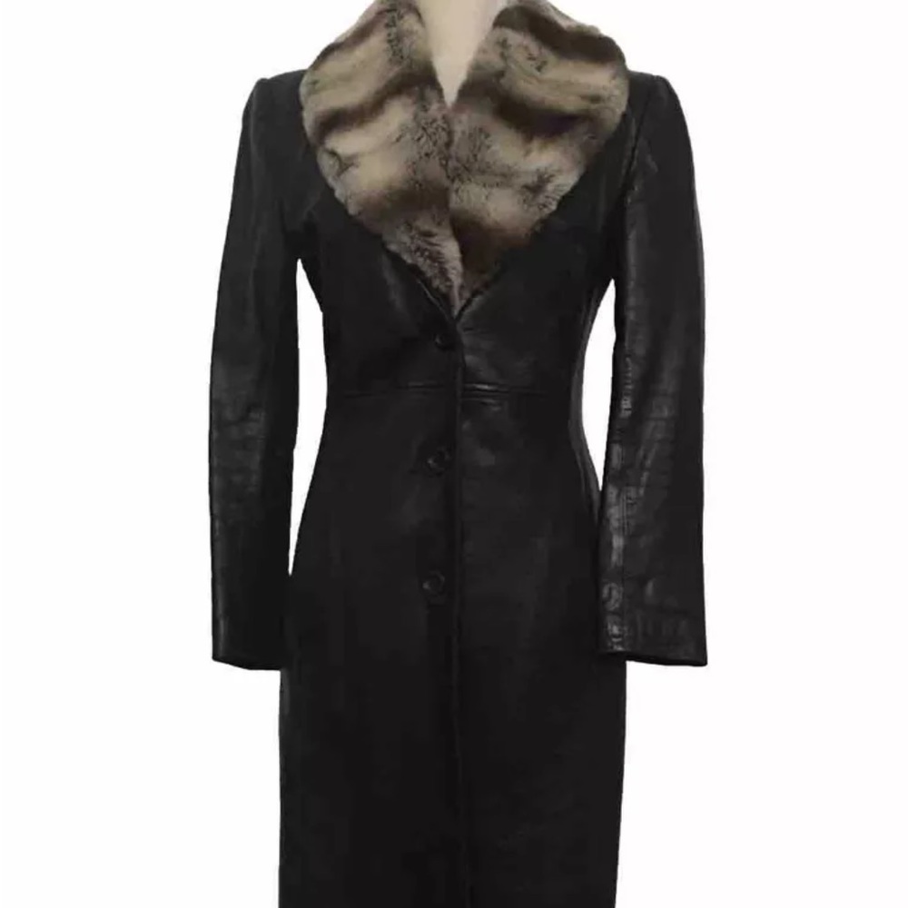 Vintage Sexy super soft lamb leather long coat removable fur collar size 2